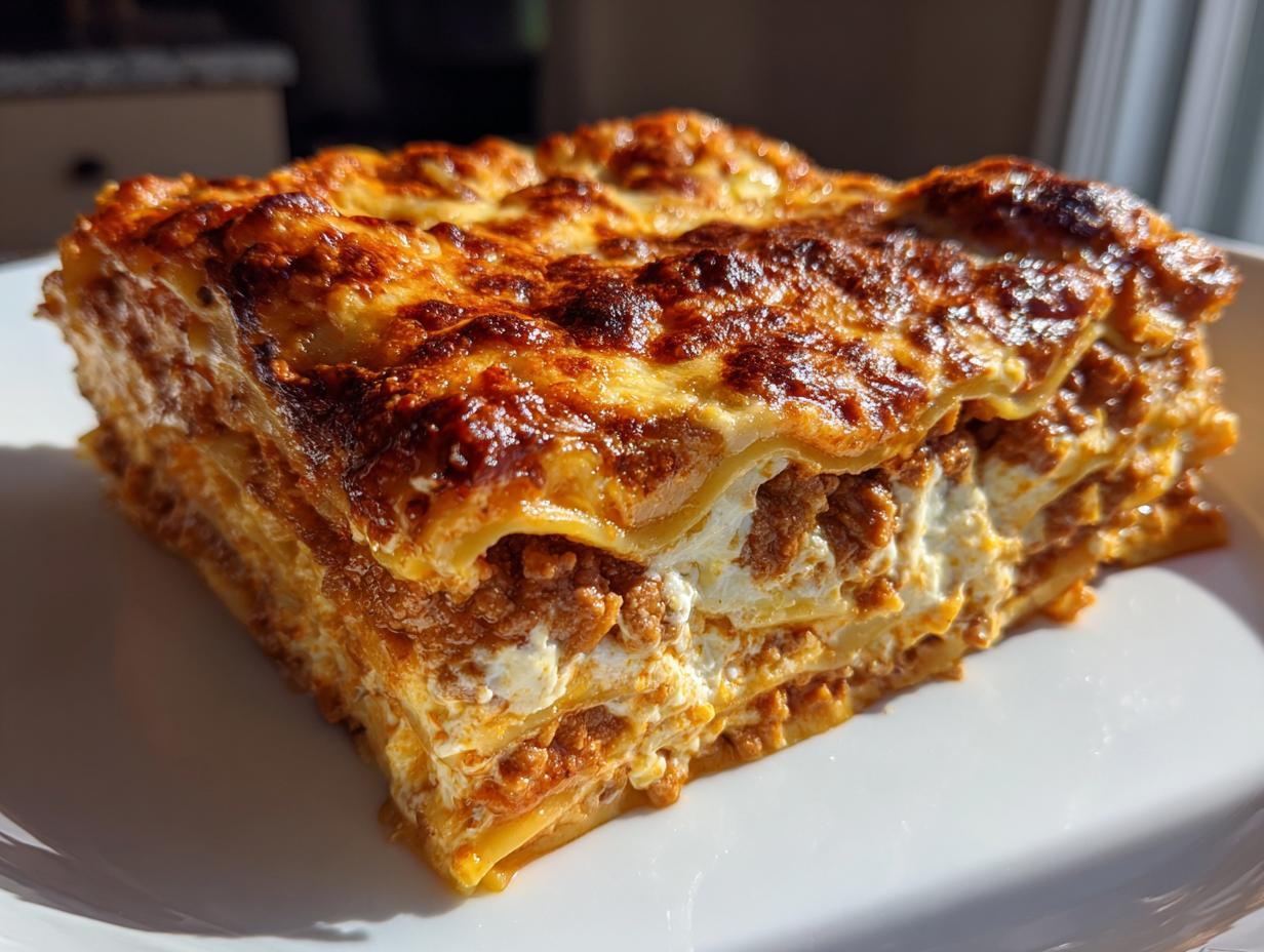 A thick, perfectly layered slice of classic lasagna showing rich meat sauce and creamy cheese filling, topped with browned cheese.