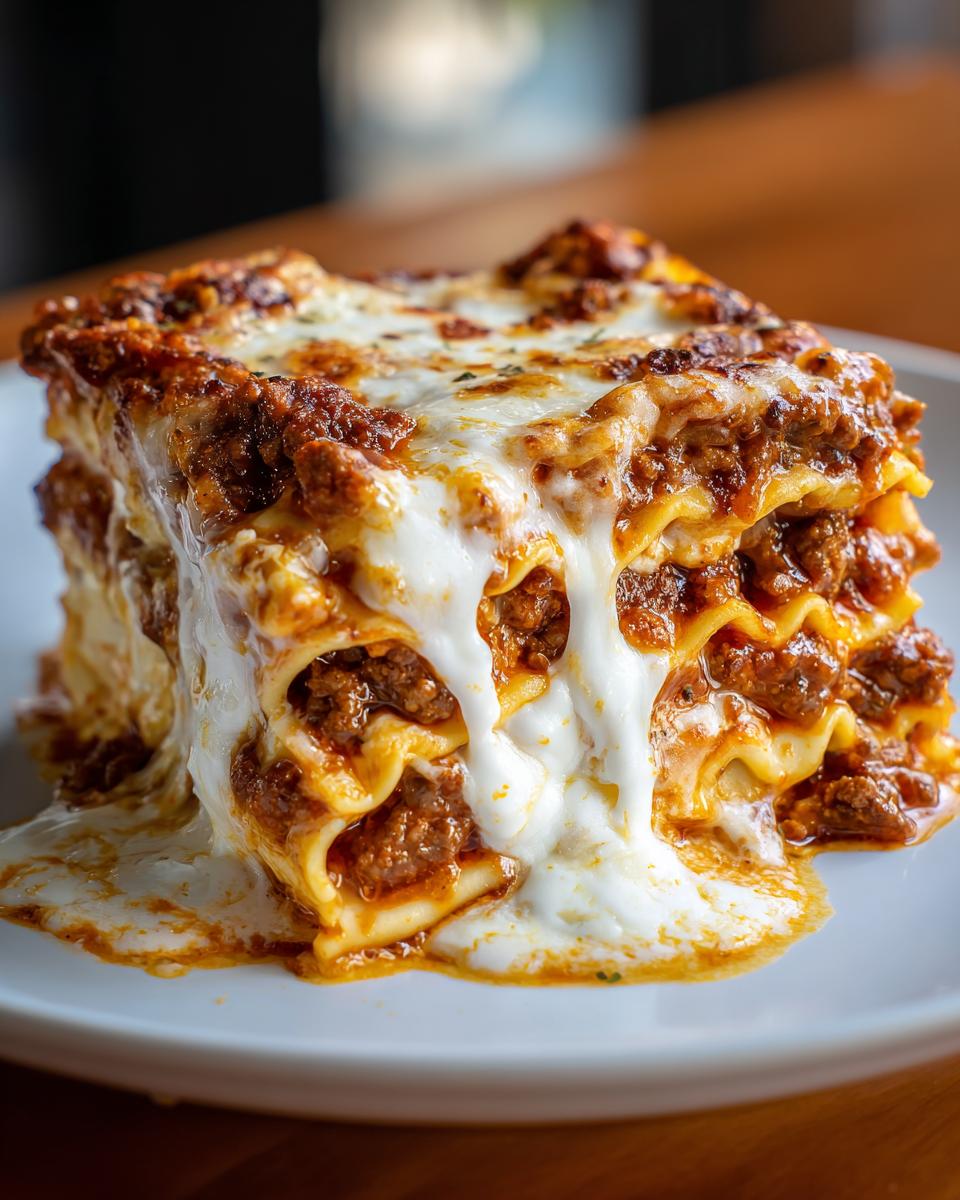 A tall, gooey slice of classic lasagna featuring layers of pasta, rich meat sauce, and melting mozzarella cheese.
