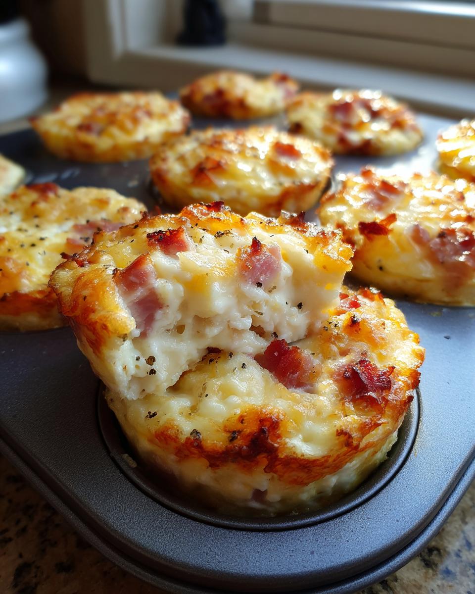 Close-up of baked cottage cheese egg cups starbucks style with visible chunks of ham or bacon in a muffin tin.