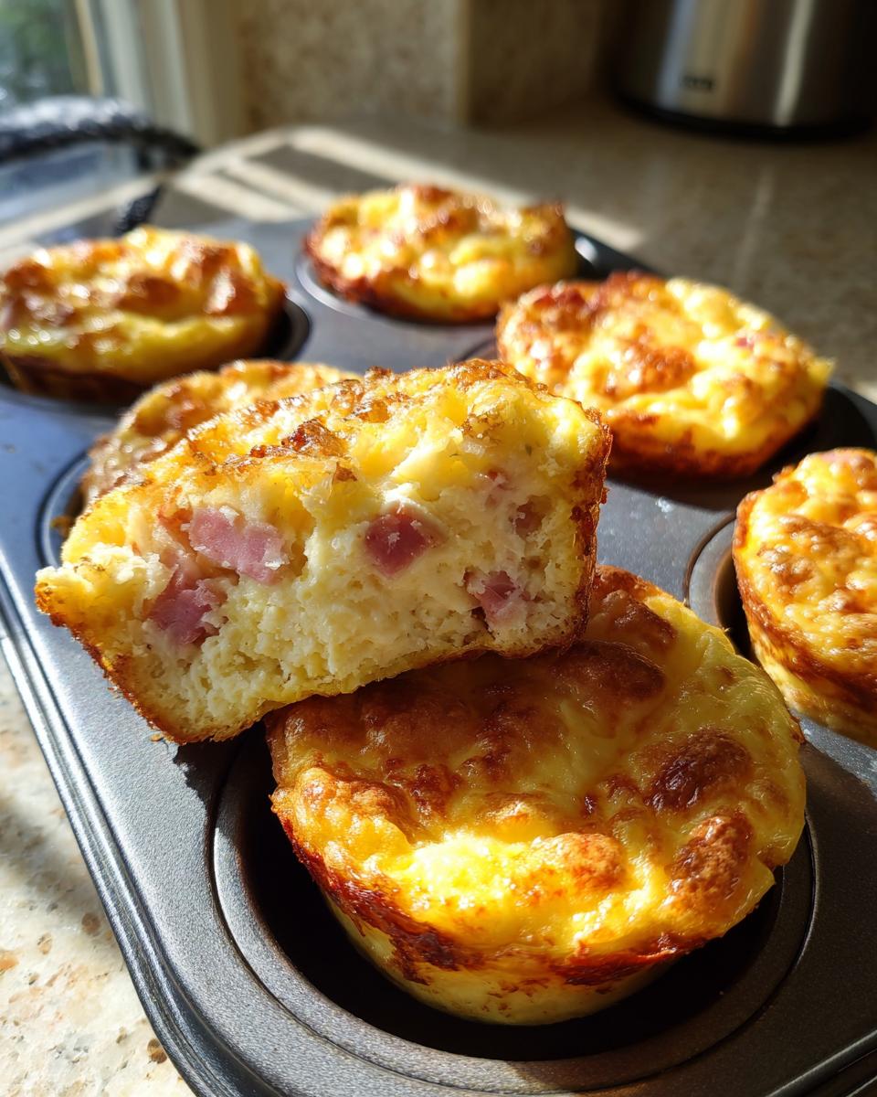A close-up of freshly baked cottage cheese egg cups starbucks style, showing one cut in half revealing ham pieces.