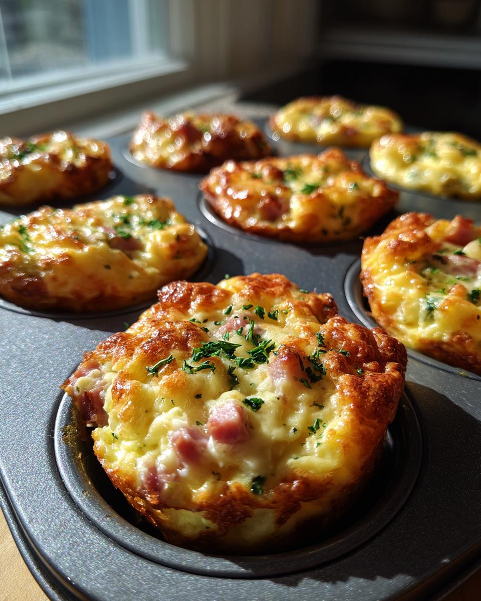 Close-up of golden-brown cottage cheese egg cups with ham and parsley in a metal muffin tin.