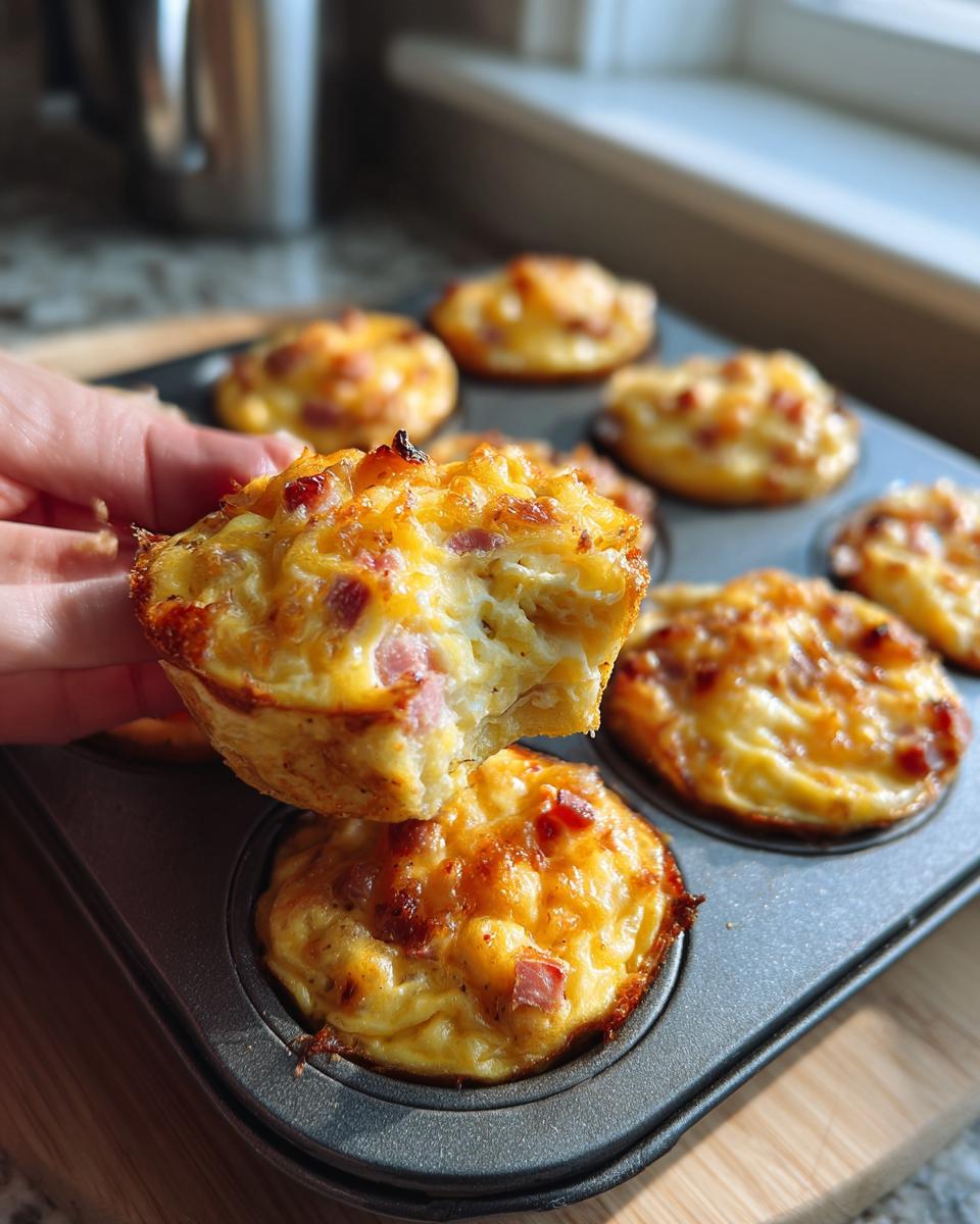 A hand pulling apart a baked cottage cheese egg cups starbucks muffin, showing the fluffy interior with ham pieces.