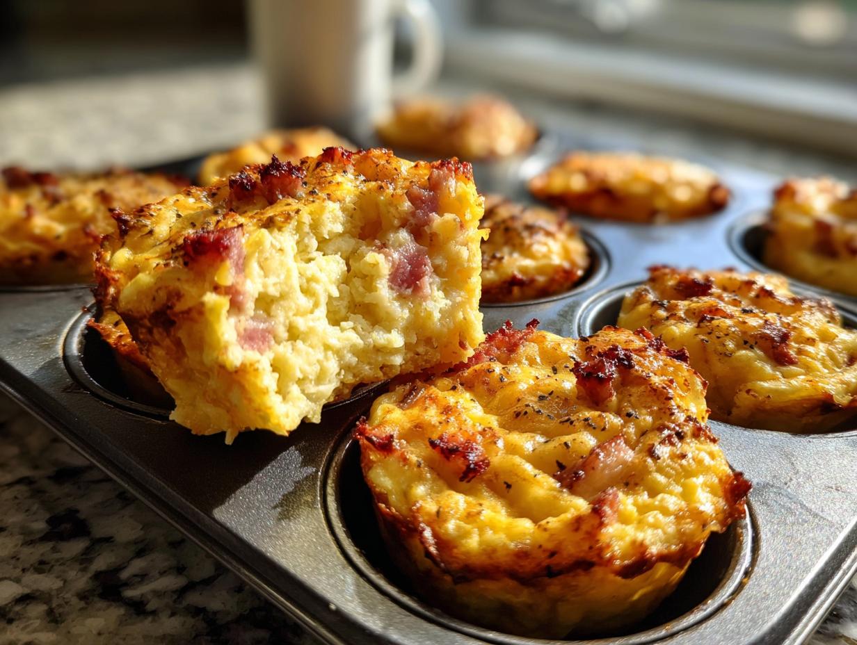 Close-up of freshly baked cottage cheese egg cups starbucks recipe in a muffin tin, one is broken open.