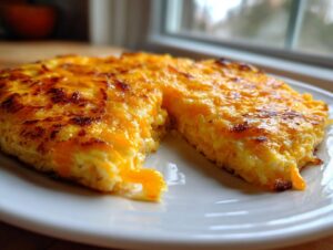 A close-up of a square portion of baked cheese grits with a deeply browned, melted cheddar cheese topping.