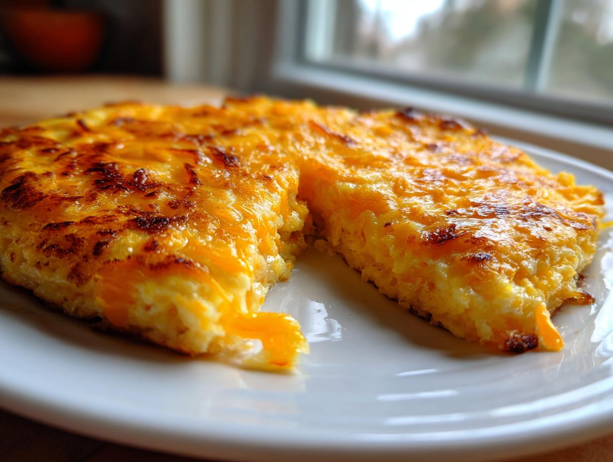 A close-up of a square portion of baked cheese grits with a deeply browned, melted cheddar cheese topping.