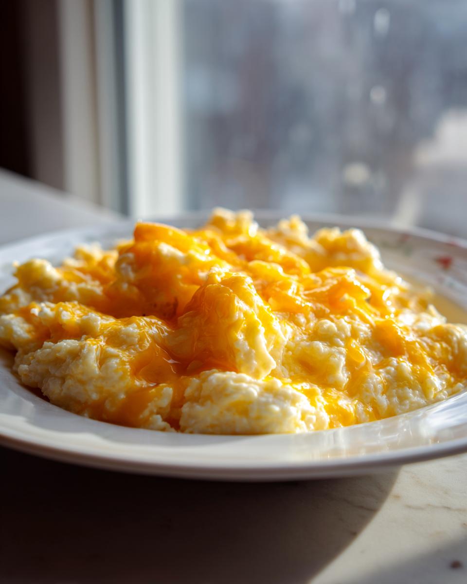 A close-up of creamy cheese grits generously topped with bright, melted cheddar cheese, served on a white plate.