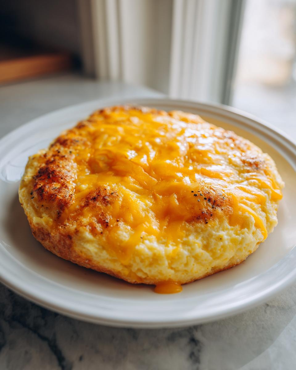 A perfectly round serving of creamy cheese grits topped with a generous layer of melted orange cheddar cheese.