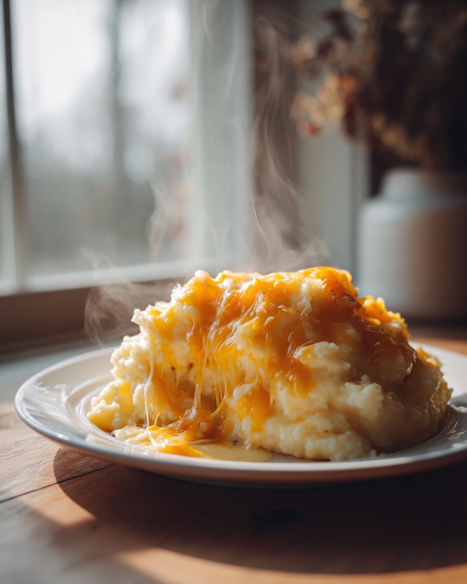 A mound of steaming hot, creamy cheese grits topped with melted, stringy cheddar cheese on a white plate.