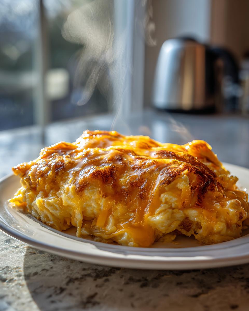 A close-up of a serving of steaming hot, creamy cheese grits topped with melted, browned cheddar cheese.