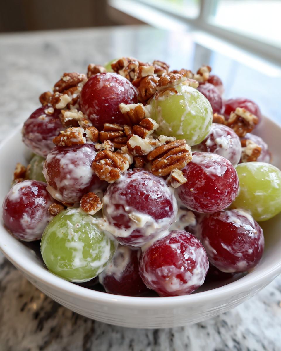 Close-up of creamy chicken salad chick grape salad featuring red and green grapes coated in dressing and topped with chopped pecans.