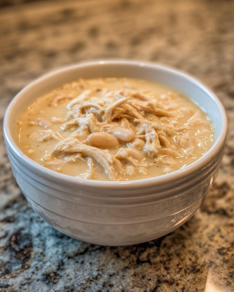 A close-up of a white bowl filled with creamy crockpot white chicken chili, featuring shredded chicken and white beans.