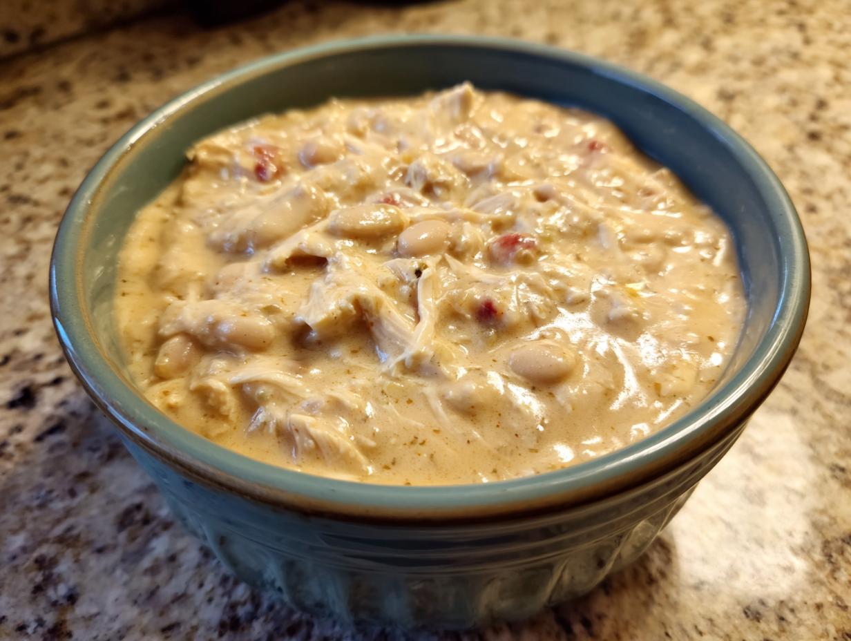 Close-up of a bowl filled with creamy crockpot white chicken chili, showing shredded chicken and white beans.