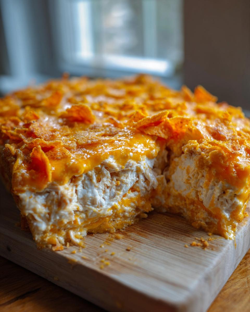 A close-up of a slice taken out of a creamy Dorito Casserole, showing shredded chicken filling and a crunchy cheese/chip topping.