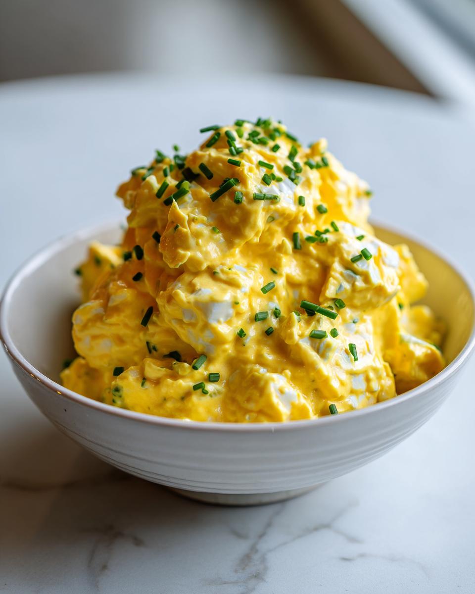 A bowl piled high with creamy, bright yellow egg salad recipe, garnished generously with fresh chopped chives.