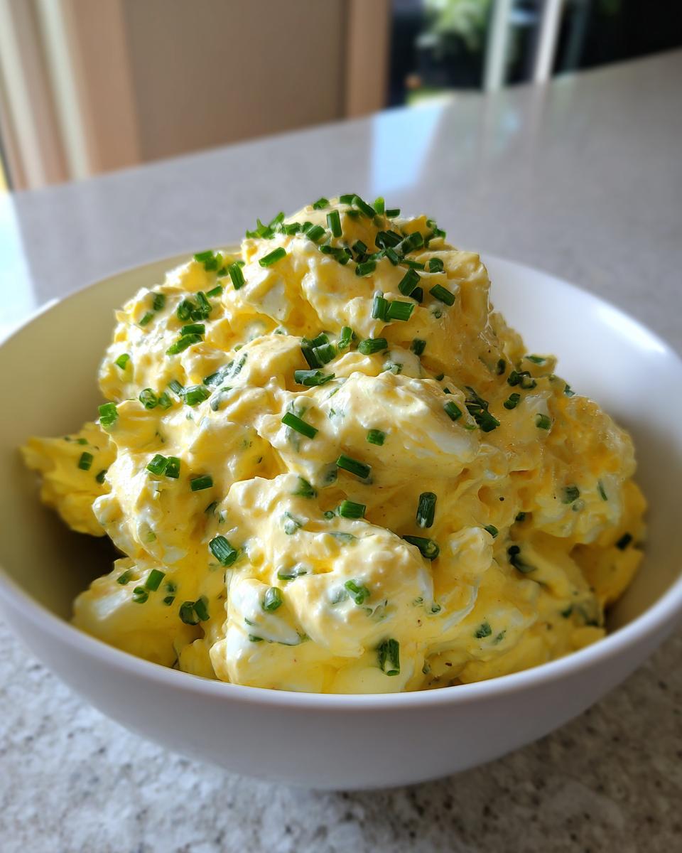 A generous serving of creamy, yellow egg salad recipe garnished heavily with chopped green chives in a white bowl.