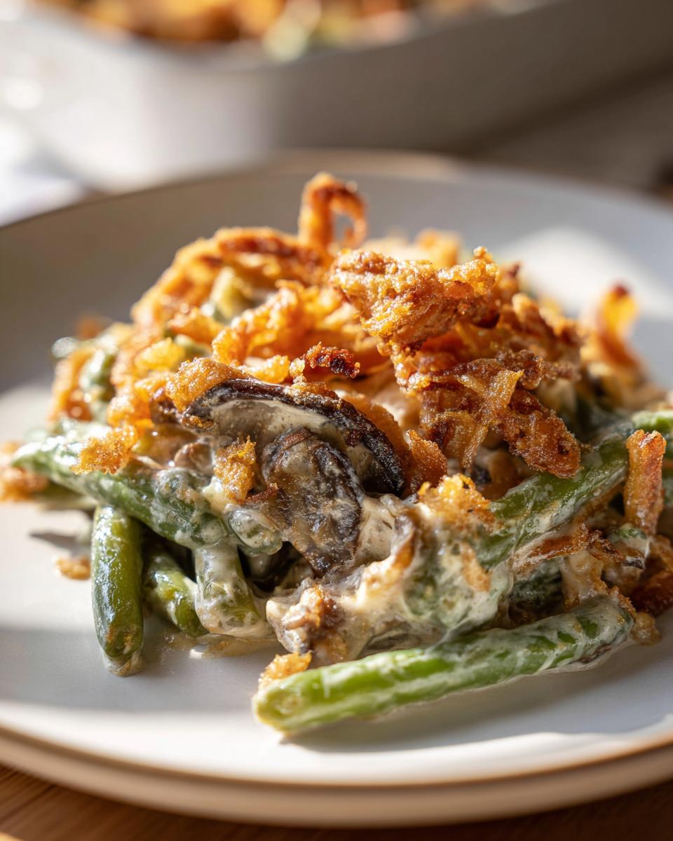 A close-up serving of creamy green bean casserole topped generously with crispy fried onions and mushrooms.
