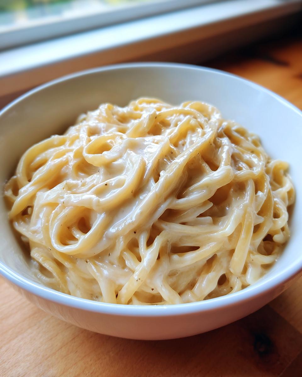 Close-up of fettuccine pasta generously coated in rich, creamy homemade alfredo sauce in a white bowl.