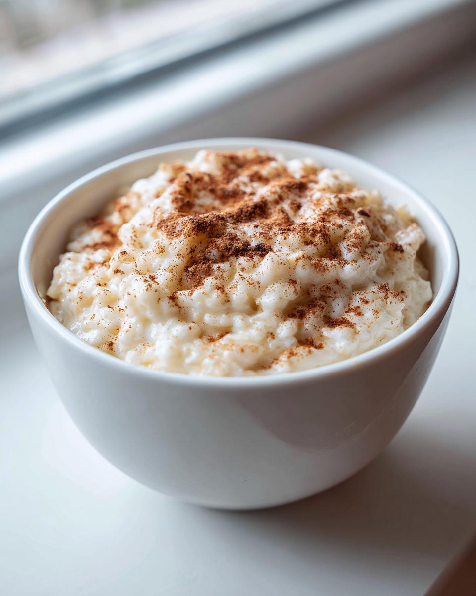 A close-up of creamy rice pudding in a white bowl, generously dusted with cinnamon.