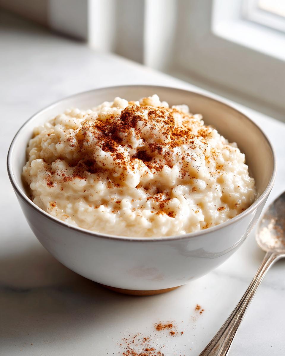 A close-up of a creamy rice pudding bowl topped generously with ground cinnamon, next to a vintage spoon.