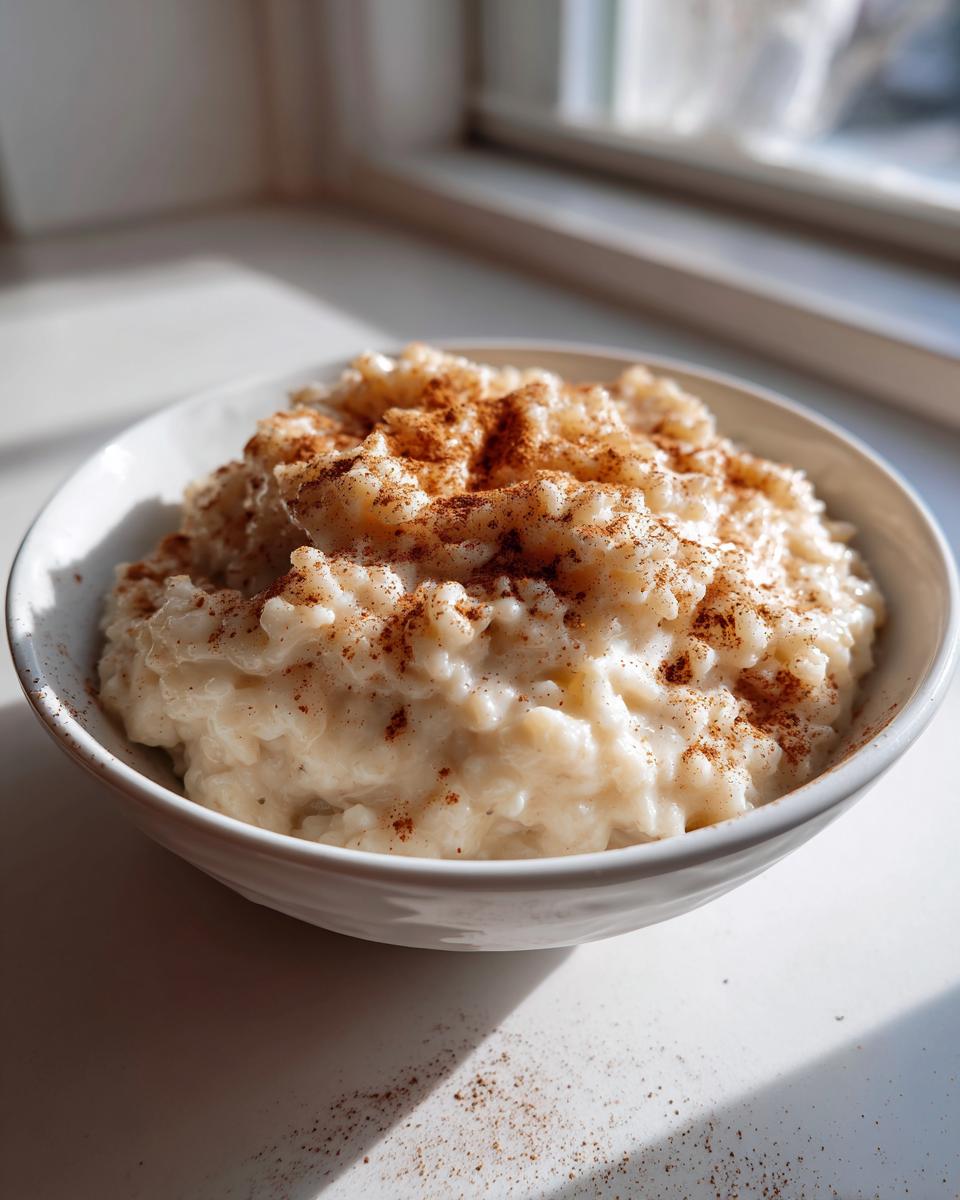 A close-up of a bowl of creamy rice pudding generously sprinkled with cinnamon.