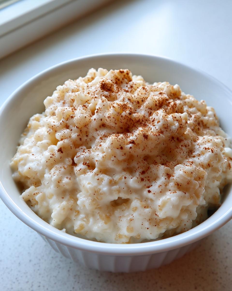 Close-up of creamy rice pudding topped generously with ground cinnamon, served in a white bowl.
