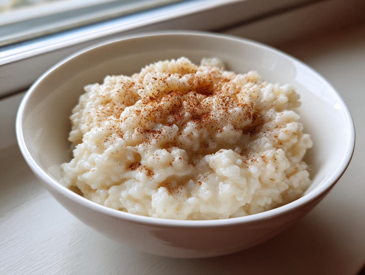 Close-up of creamy rice pudding in a white bowl, generously sprinkled with ground cinnamon.