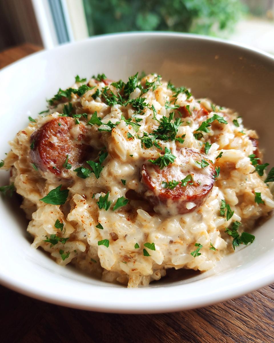 A close-up of creamy sausage and rice skillet topped with fresh parsley in a white bowl.