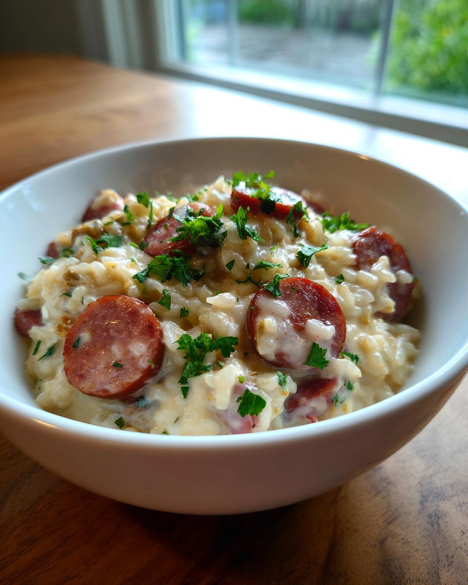 A close-up of a creamy sausage and rice skillet dish topped with fresh parsley in a white bowl.