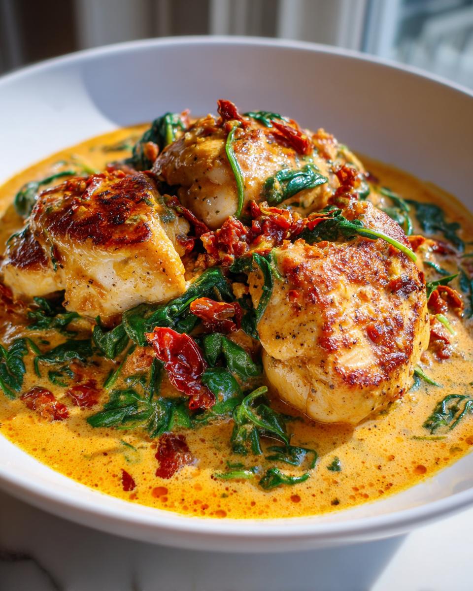 Close-up of pan-seared chicken breasts smothered in a rich, creamy Tuscan sauce with spinach and sun-dried tomatoes, perfect for creamy Tuscan chicken.