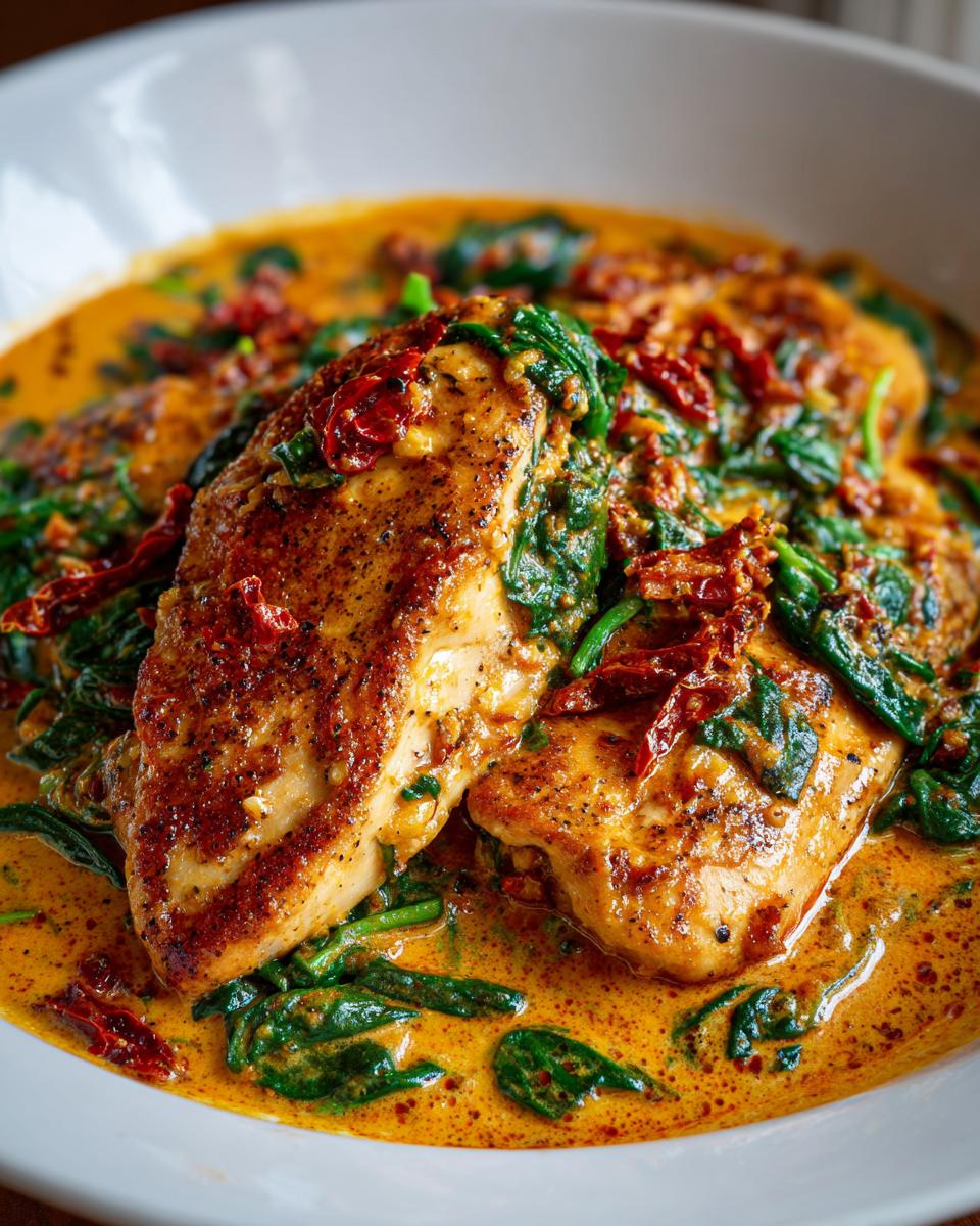 Close-up of pan-seared chicken breasts smothered in a rich, creamy Tuscan chicken sauce with spinach and sun-dried tomatoes.