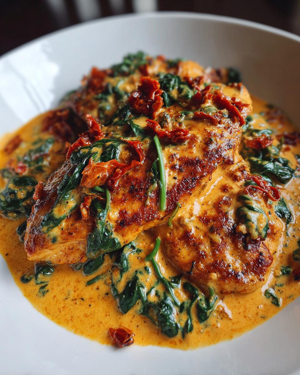Close-up of seared chicken breasts smothered in a rich, orange-hued creamy Tuscan chicken sauce with spinach and sun-dried tomatoes.