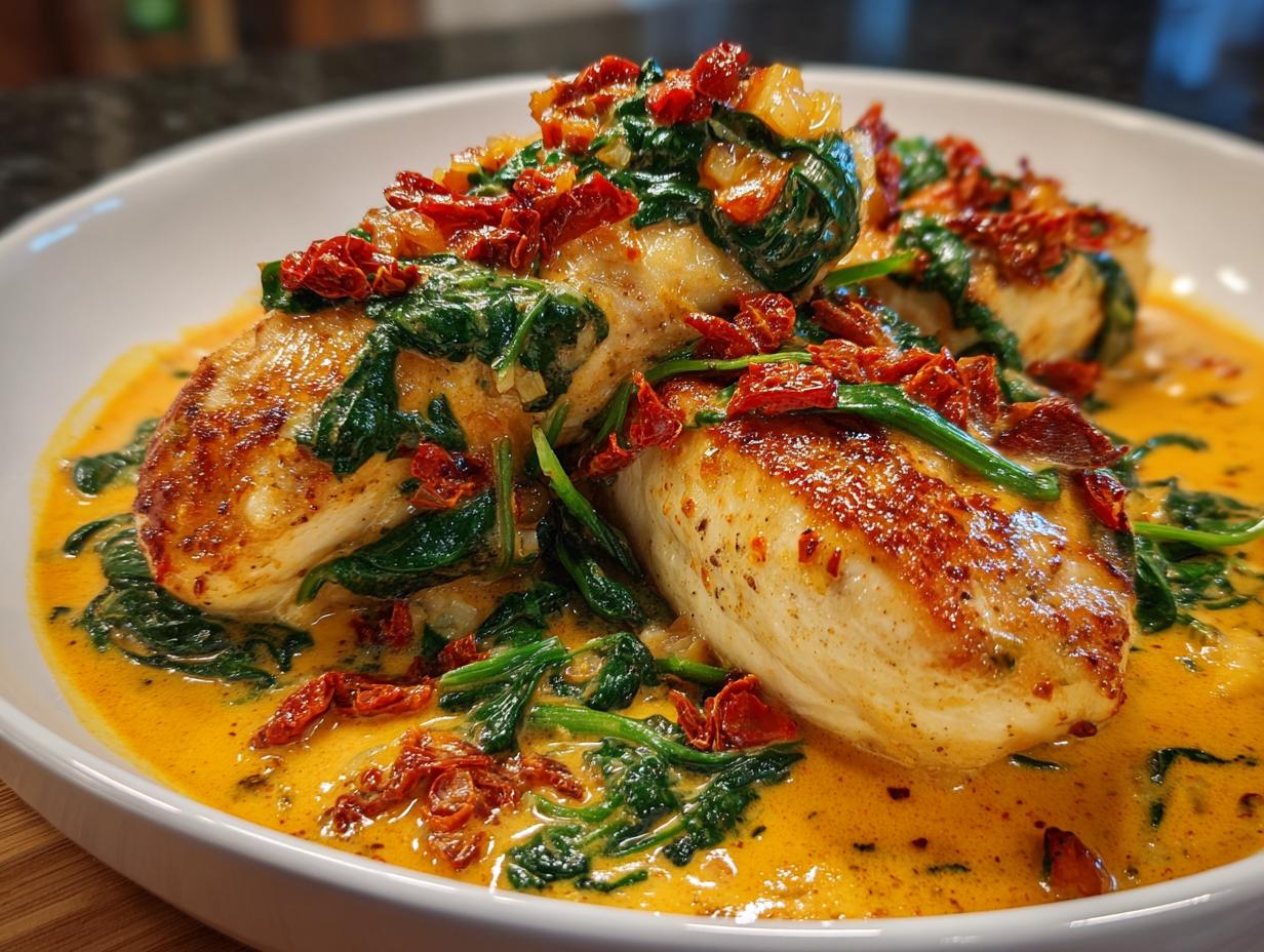 Two golden-brown seared chicken breasts covered in a rich, creamy Tuscan sauce with spinach and sun-dried tomatoes.