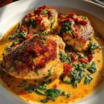 Three golden-brown chicken breasts smothered in a rich, creamy Tuscan sauce with spinach and sun-dried tomatoes. This is the creamy tuscan chicken.