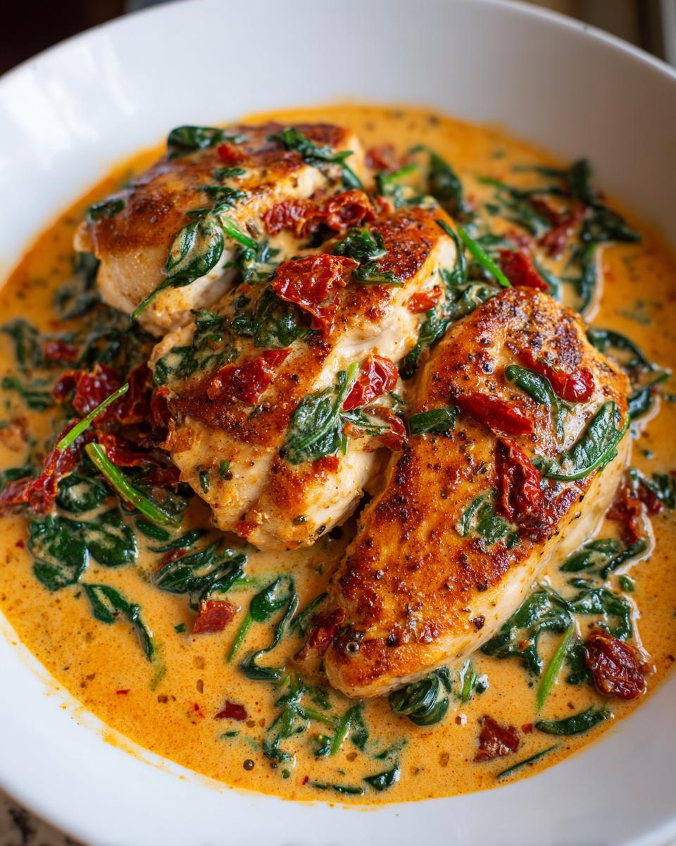 Three golden-brown chicken breasts swimming in a rich, creamy Tuscan sauce with wilted spinach and sun-dried tomatoes, the perfect creamy Tuscan chicken.