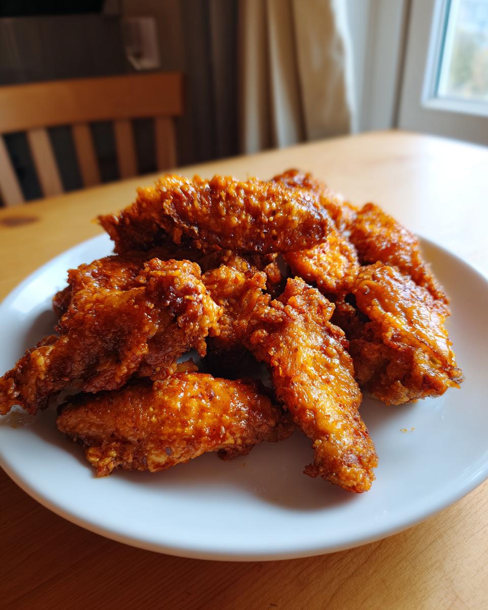 A close-up of several golden brown, glazed crispy baked chicken wings piled on a white plate.