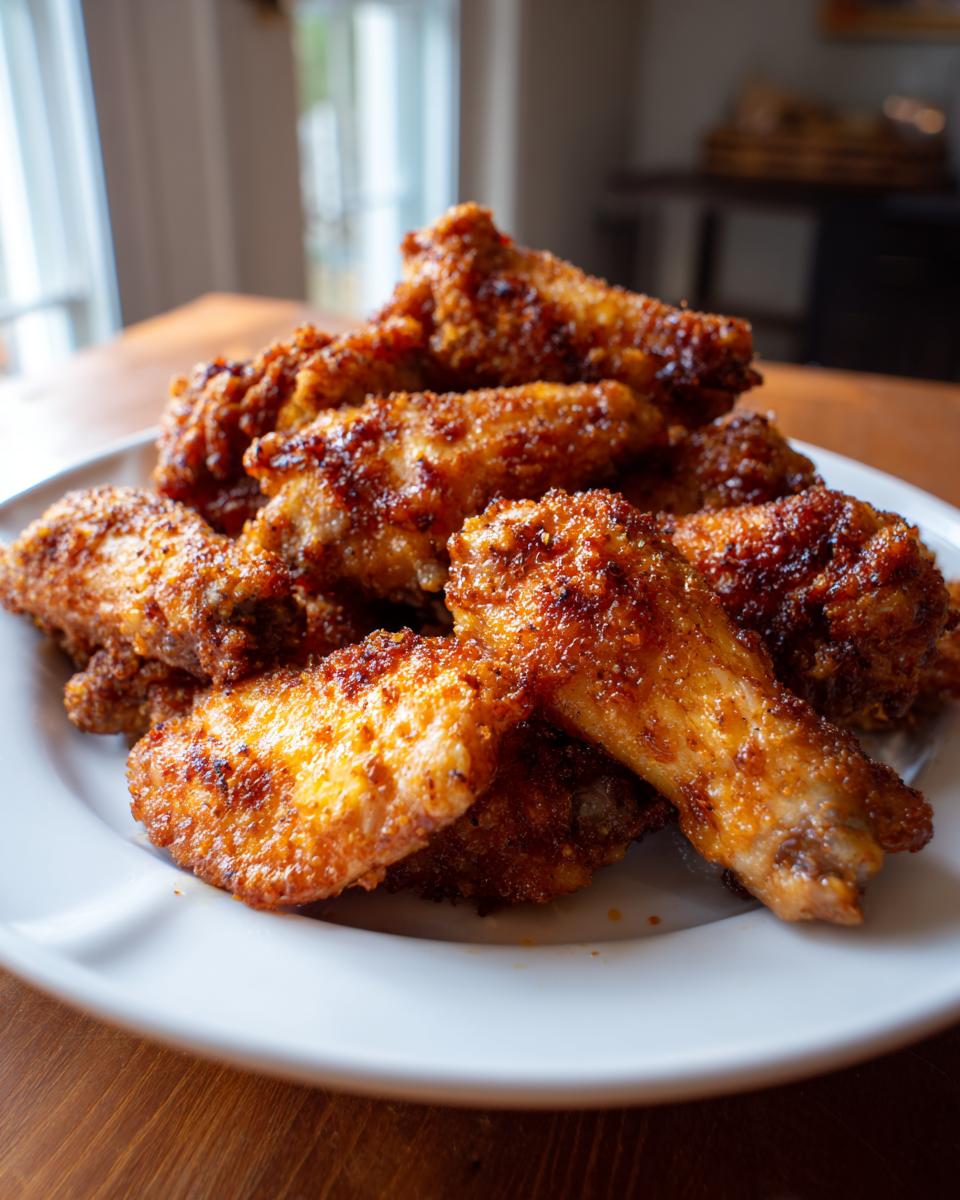 A close-up shot of a mound of perfectly golden and crispy baked chicken wings piled high on a white plate.