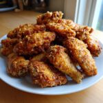 A generous pile of golden brown, crispy baked chicken wings stacked high on a white plate.