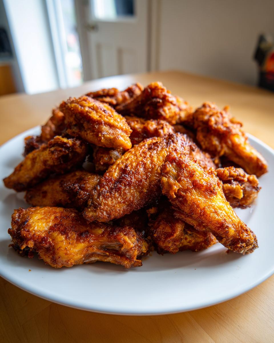 A large pile of golden brown, crispy baked chicken wings stacked high on a white plate.