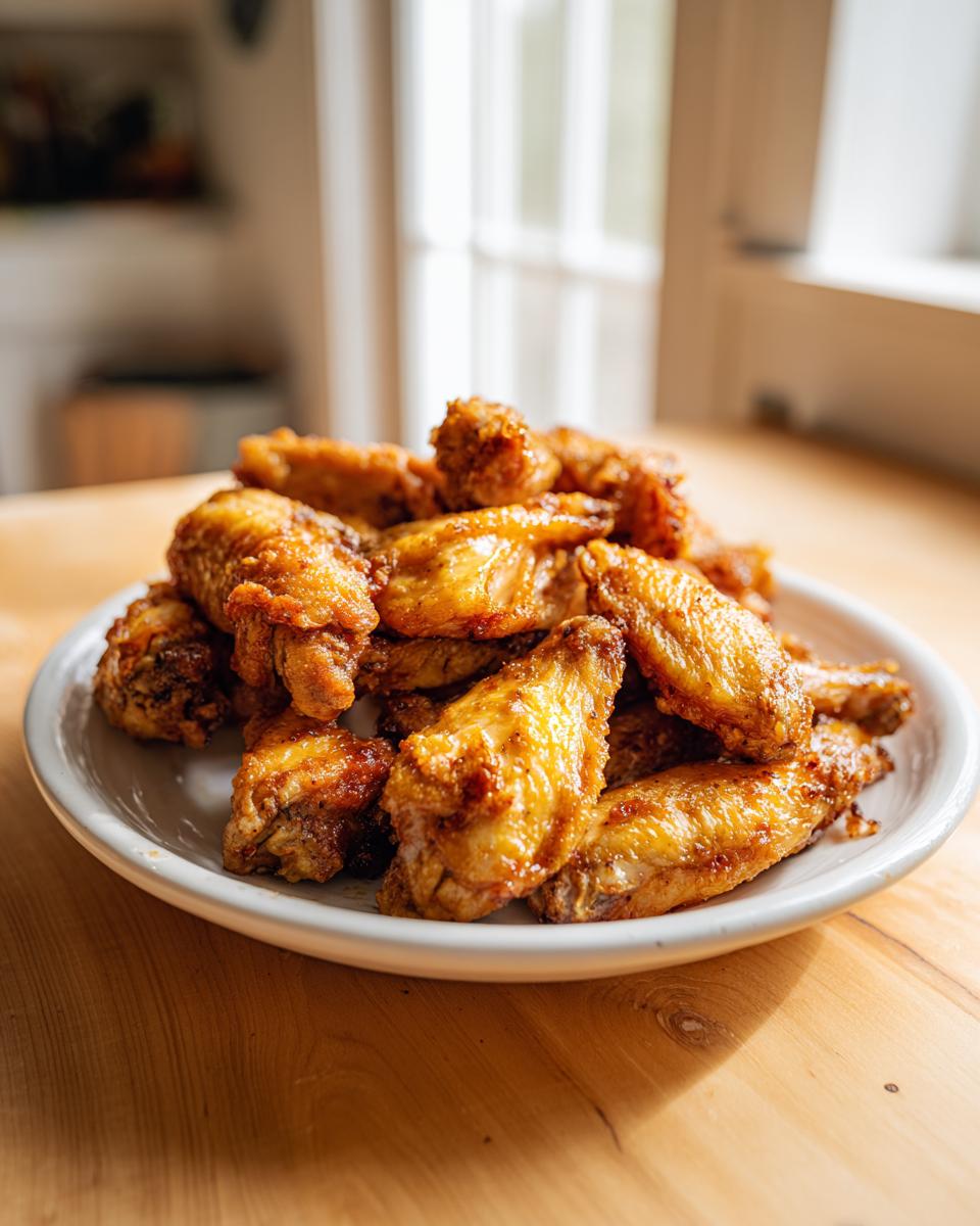 A white plate piled high with golden brown, crispy baked chicken wings resting on a light wooden table.