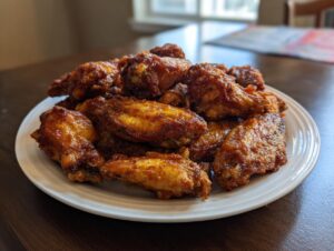 A generous pile of golden brown, saucy crispy baked chicken wings stacked high on a white plate.