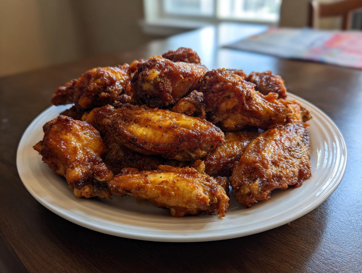 A generous pile of golden brown, saucy crispy baked chicken wings stacked high on a white plate.