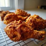 Close-up of several pieces of golden brown, crispy fried chicken resting on a wire cooling rack.