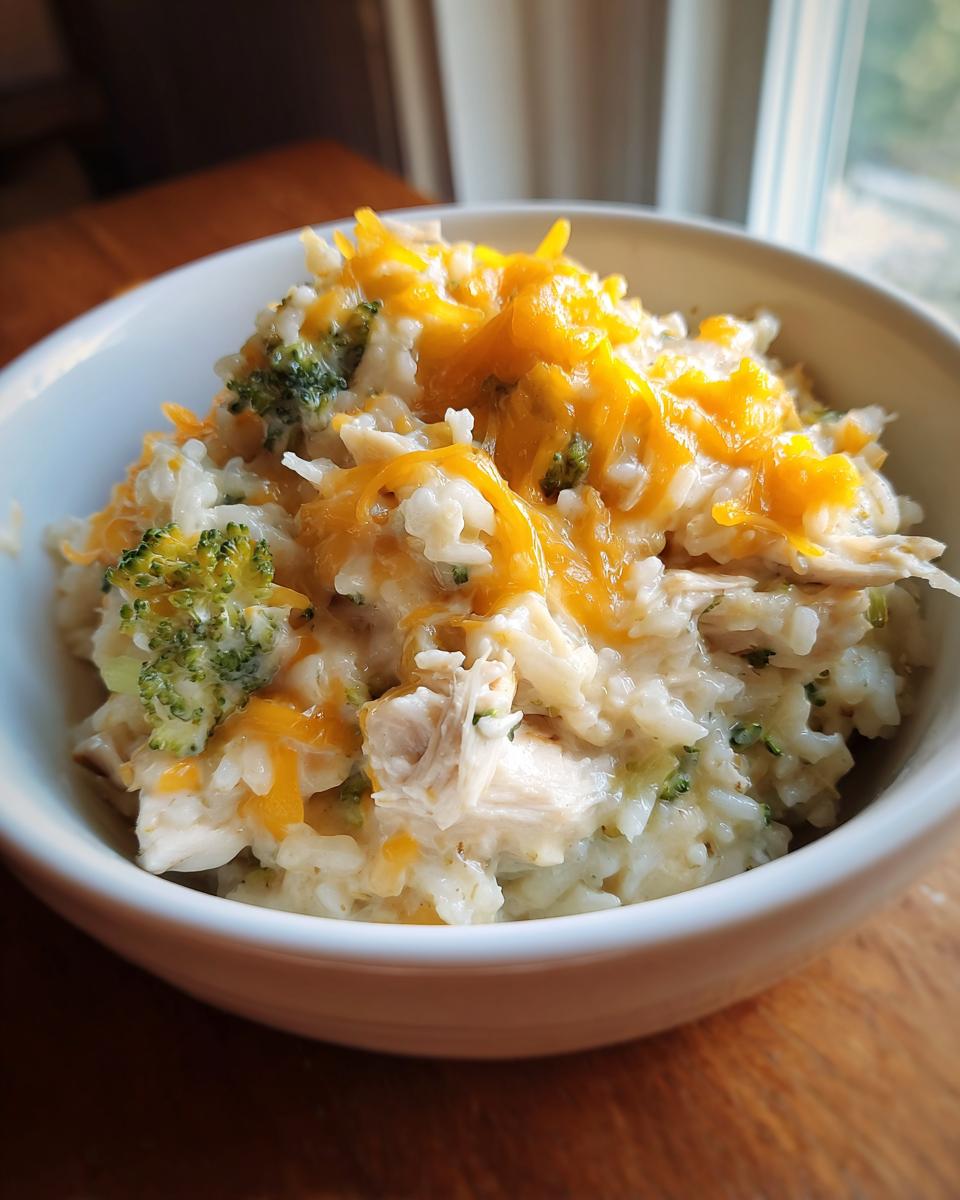 A white bowl filled with creamy crock pot chicken and rice mixed with broccoli florets and topped with melted cheddar cheese.