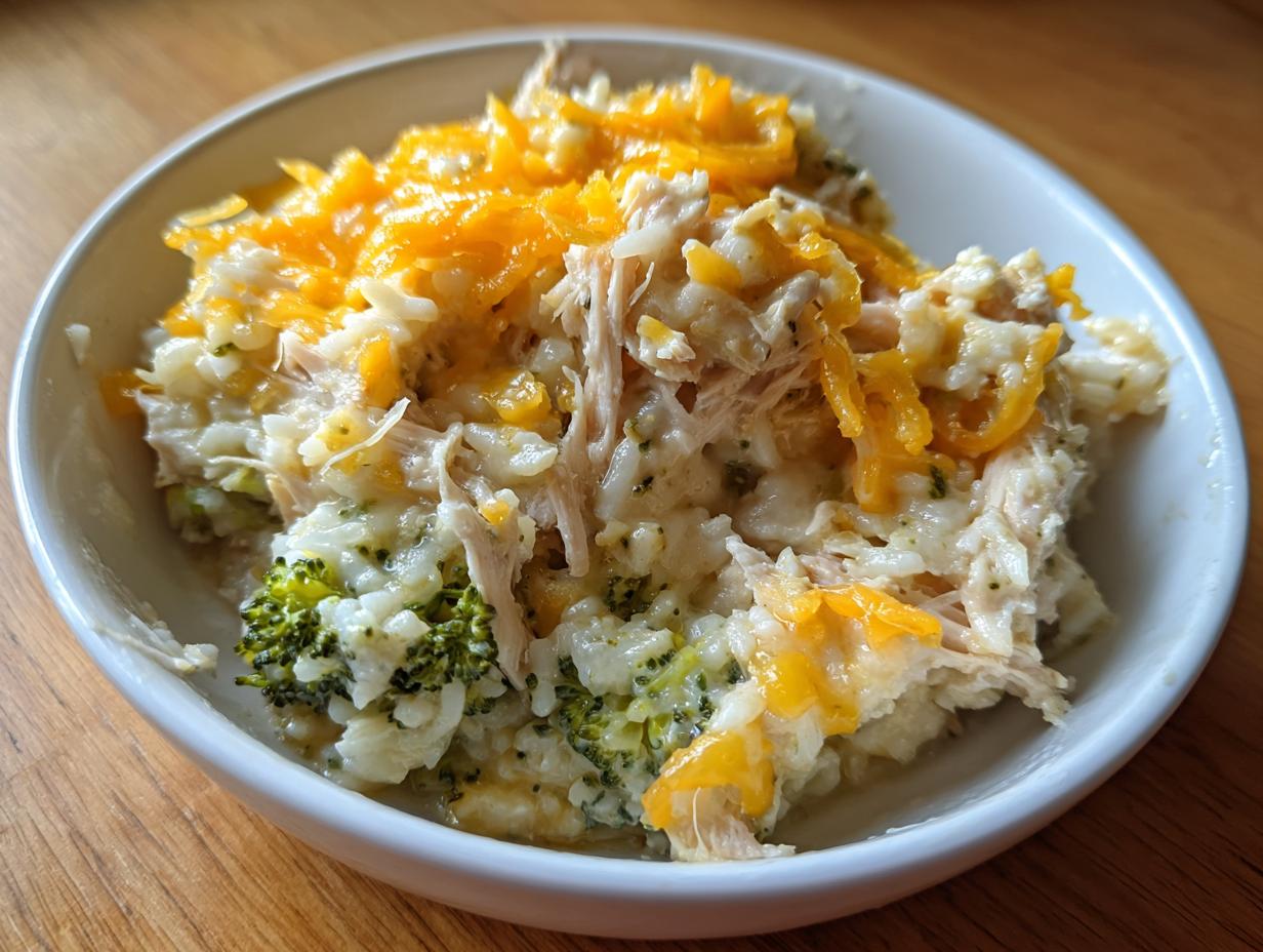 A bowl filled with creamy crock pot chicken and rice mixed with broccoli florets and topped with melted cheddar cheese.