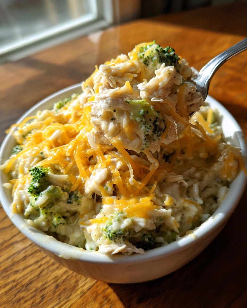 A spoonful of creamy crock pot chicken and rice mixed with broccoli florets and topped with melted cheddar cheese.