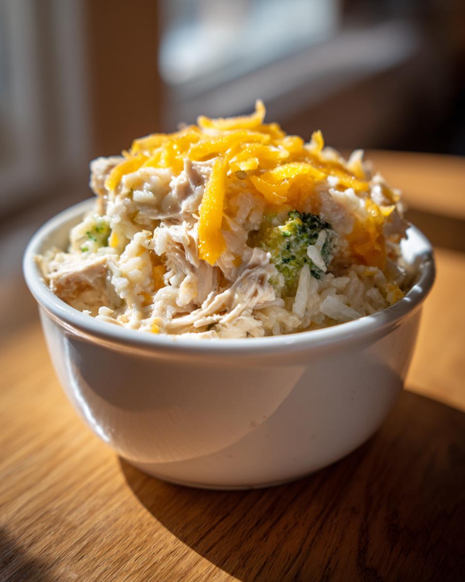 A white bowl filled with creamy crock pot chicken and rice mixed with broccoli and topped with shredded cheddar cheese.