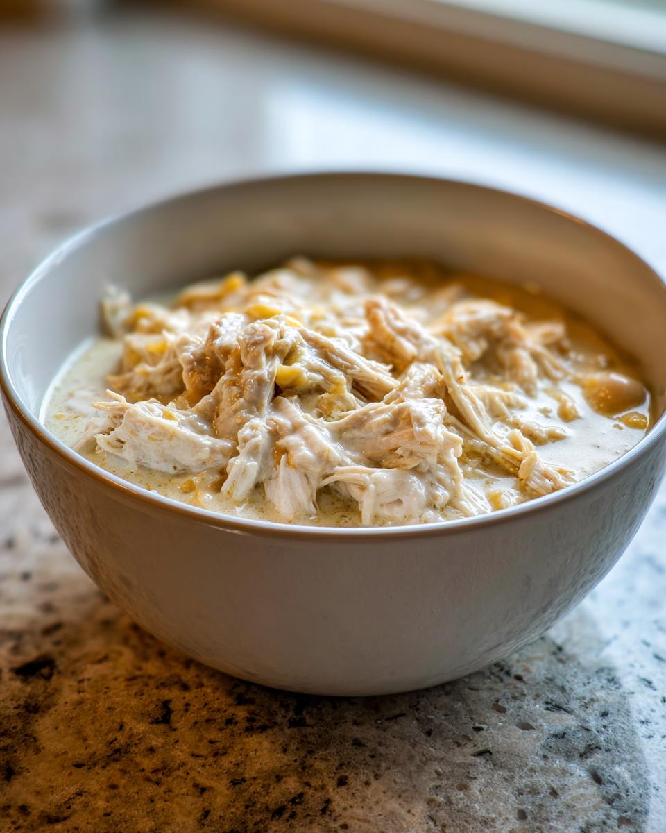 Close-up of a bowl filled with creamy crockpot white chicken chili featuring shredded chicken.