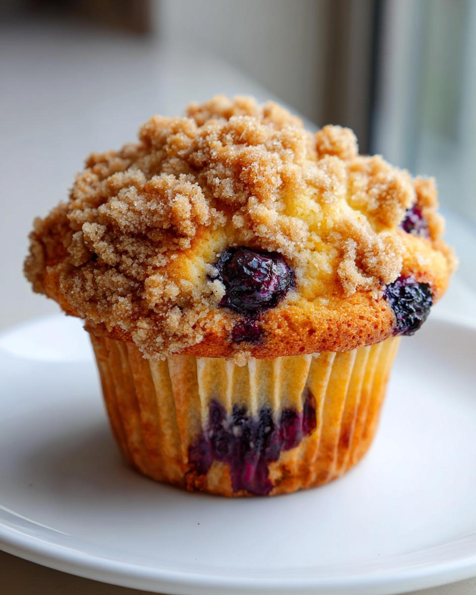 A single, perfectly baked blueberry muffin topped with brown sugar streusel sitting on a white plate.