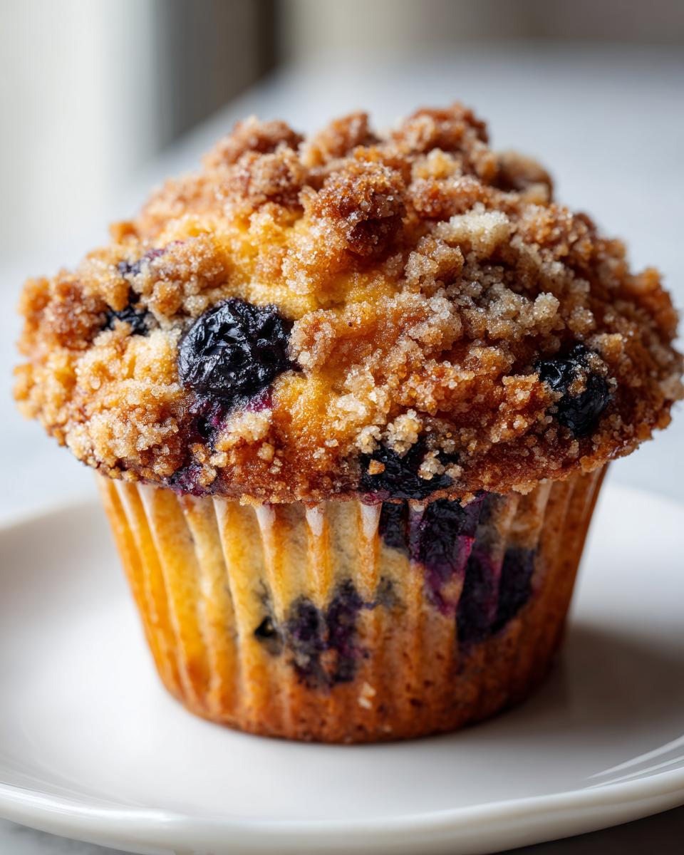 A close-up photo of a golden-brown blueberry muffin topped with crunchy cinnamon streusel, sitting on a white plate.