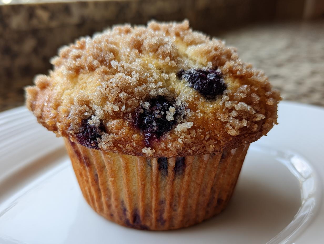 A close-up photo of a freshly baked blueberry muffin topped with brown sugar streusel, sitting on a white plate.
